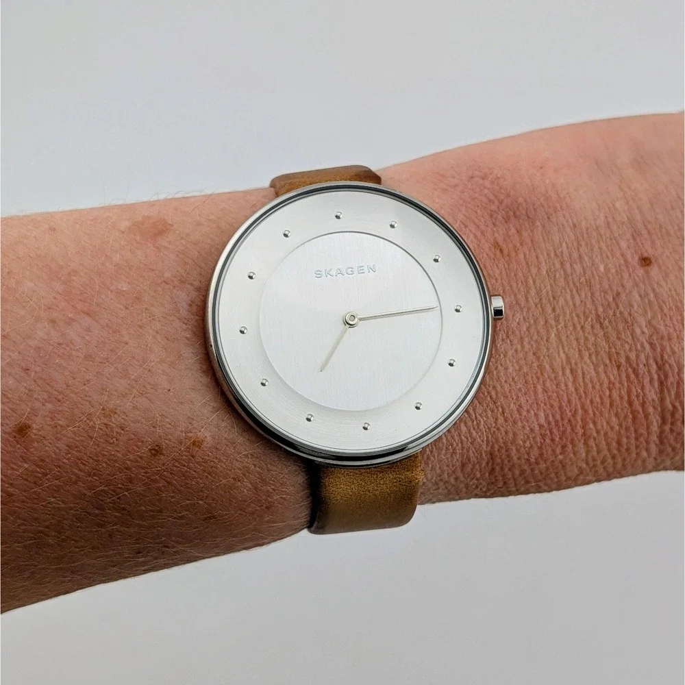 Skagen Gitte SKW2326 Women's Minimalist Silver Dial Brown Leather Watch 38mm